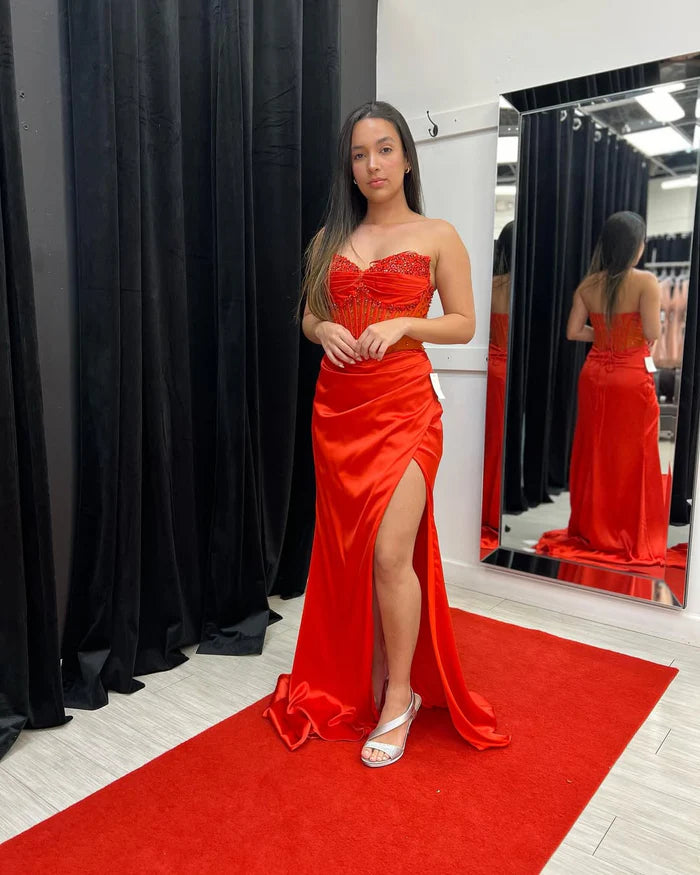 Weitese Dress Spaghetti Straps Sweetheart Seeleveless Sheath High Split Pleated Satin Party Dress With Beads Evening Dress Prom Dress