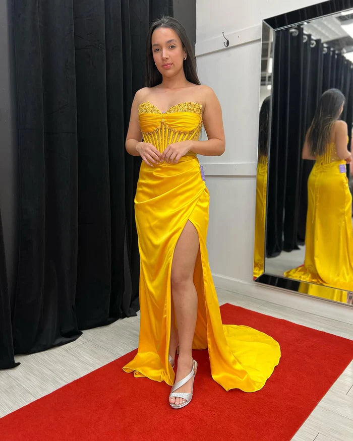 Weitese Dress Spaghetti Straps Sweetheart Seeleveless Sheath High Split Pleated Satin Party Dress With Beads Evening Dress Prom Dress