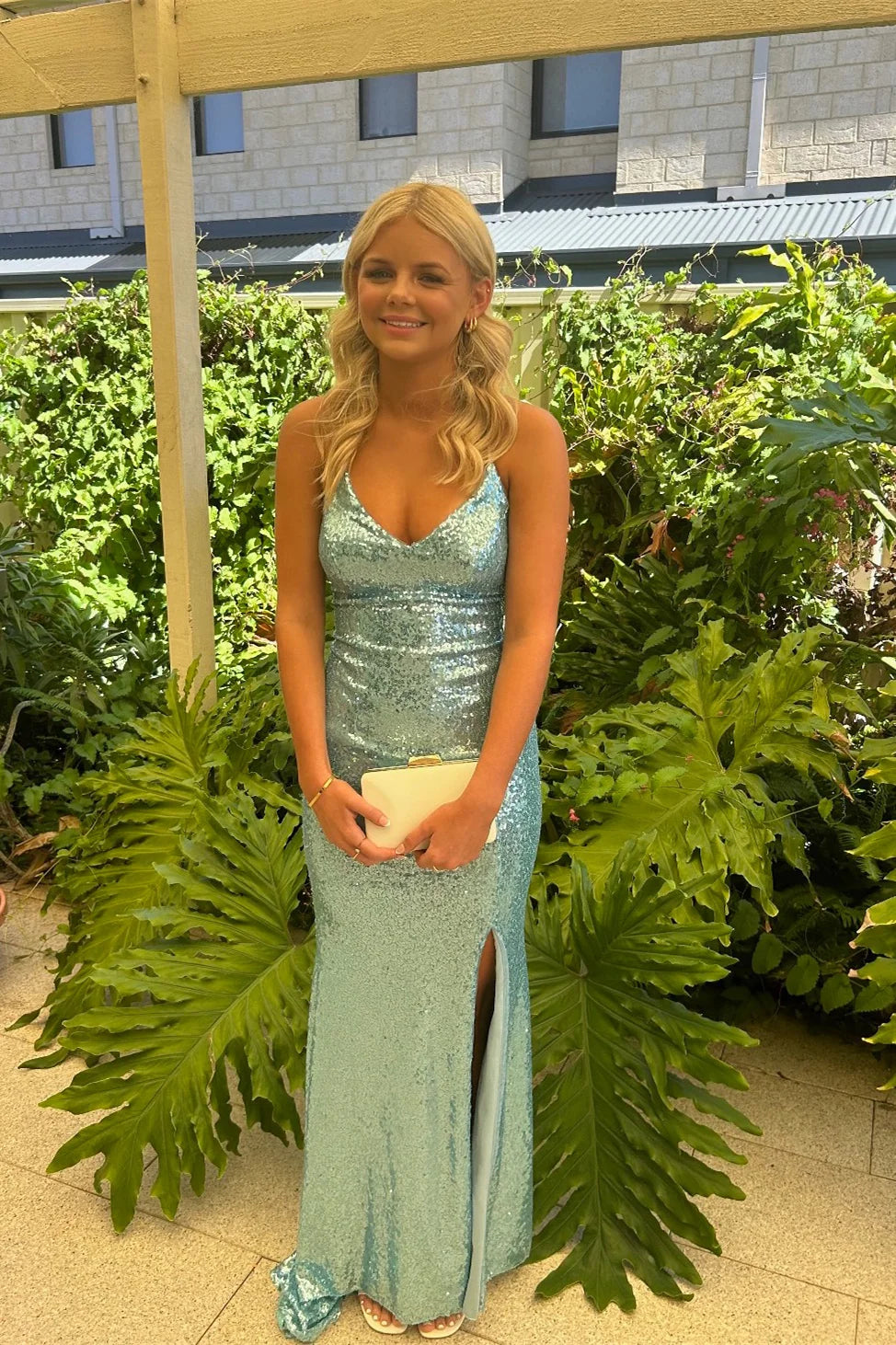Weitese Dress Spaghetti Straps V-neck Mint Sequin Mermaid Long Dress With Slit Prom Dress