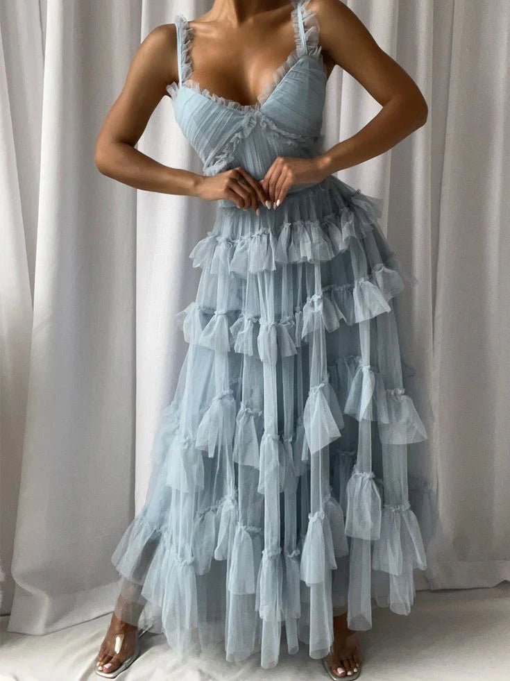 Robe Weitese à bretelles spaghetti, col en V, sans manches, coupe trapèze, longueur au sol, tulle bleu clair, longue robe de bal 