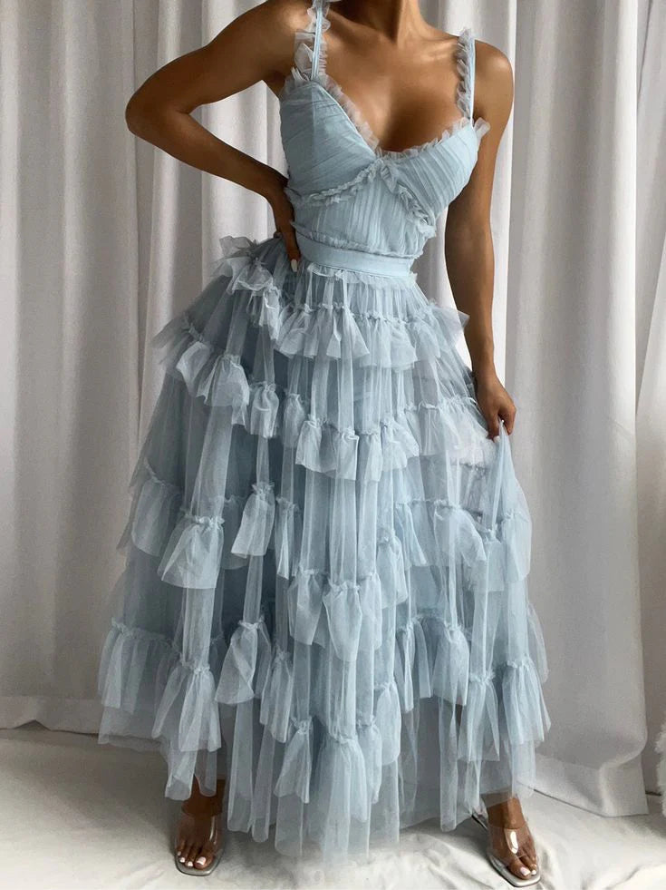 Robe Weitese à bretelles spaghetti, col en V, sans manches, coupe trapèze, longueur au sol, tulle bleu clair, longue robe de bal 