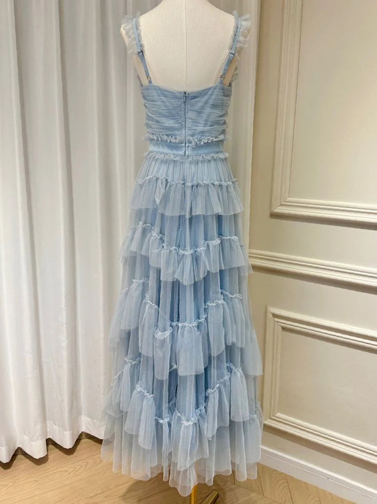 Robe Weitese à bretelles spaghetti, col en V, sans manches, coupe trapèze, longueur au sol, tulle bleu clair, longue robe de bal 