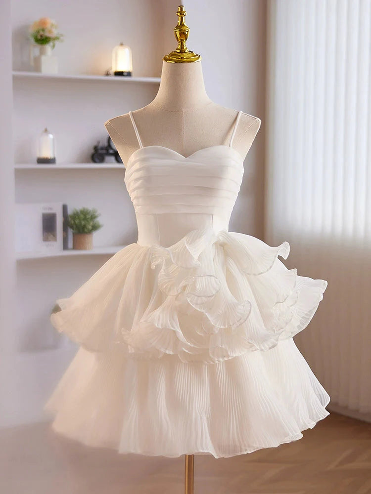 Weitese Dress Spaghetti Straps White Ruffles Layered A-line Short Dress Lace-Up Back Homecoming Dress