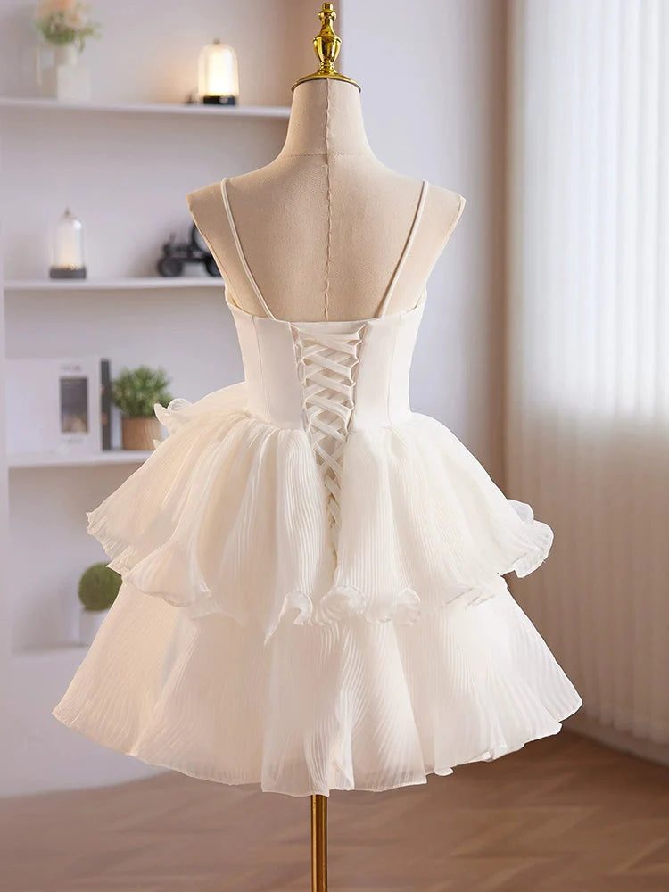 Weitese Dress Spaghetti Straps White Ruffles Layered A-line Short Dress Lace-Up Back Homecoming Dress