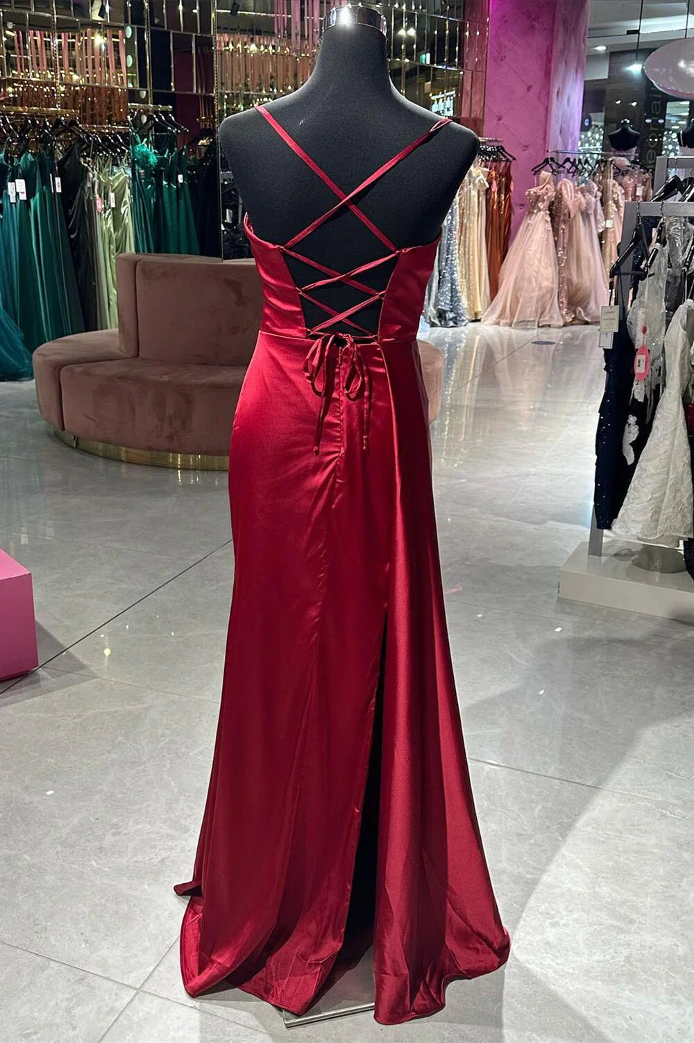 Robe Weitese à bretelles spaghetti en satin rouge vin, col bénitier, robe longue à lacets dans le dos, robe de bal 