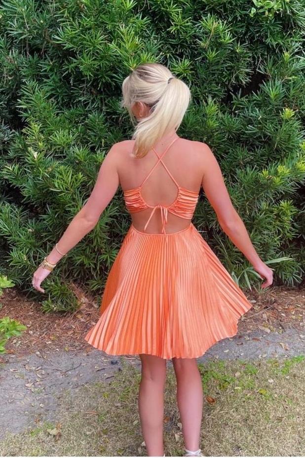 Weitese Dress Spaghettiu Straps Orange Pleated A-line Short Party Dress Sleeveless Homecoming Dress