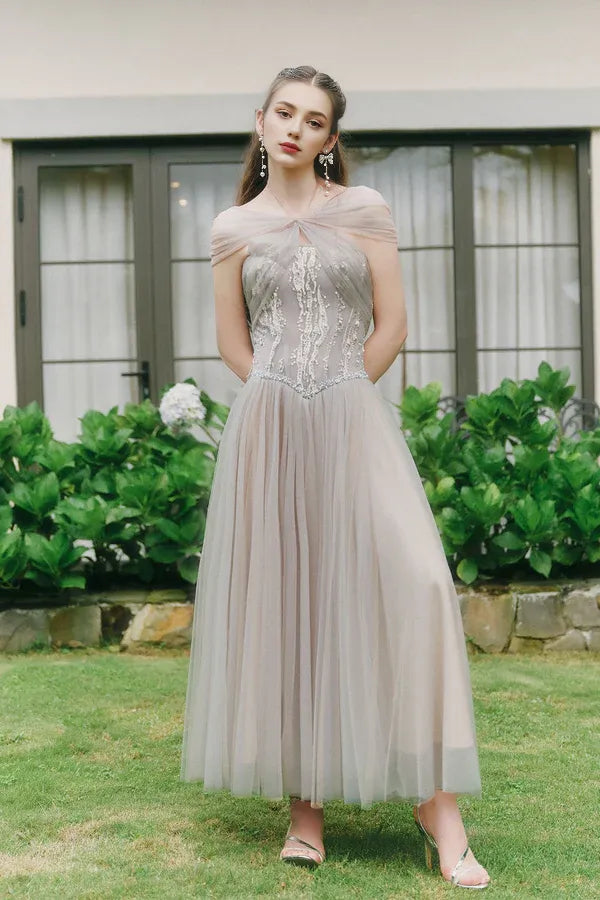 Weitese Dress Sparkle A-line Corset Waist Tulle Ankle Length Maxi Dress Sleeveless Elegant Pleated Backless Prom Dress