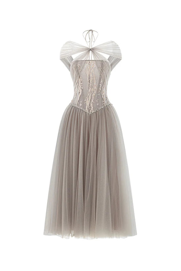 Weitese Dress Sparkle A-line Corset Waist Tulle Ankle Length Maxi Dress Sleeveless Elegant Pleated Backless Prom Dress