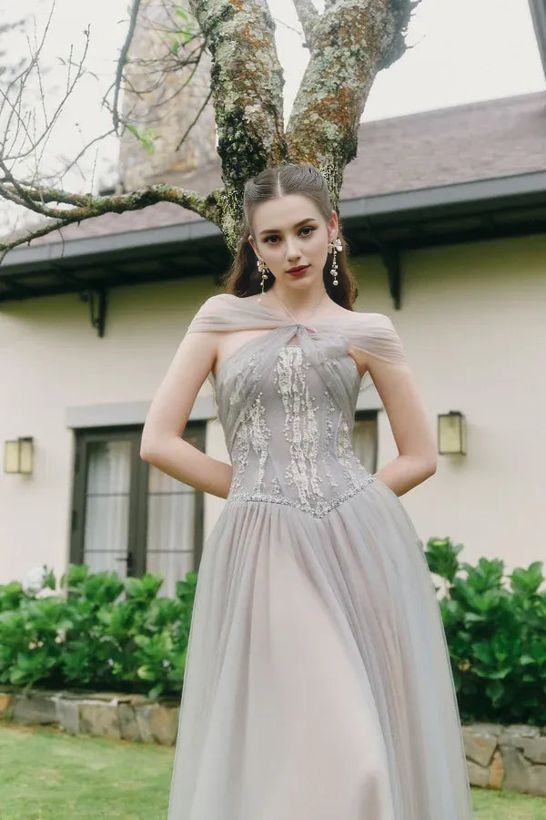 Weitese Dress Sparkle A-line Corset Waist Tulle Ankle Length Maxi Dress Sleeveless Elegant Pleated Backless Prom Dress