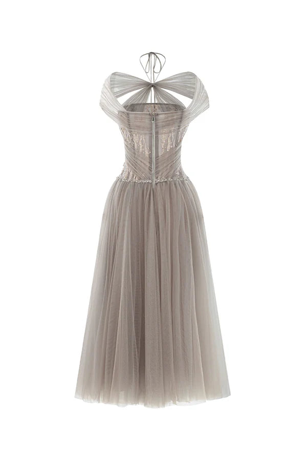 Weitese Dress Sparkle A-line Corset Waist Tulle Ankle Length Maxi Dress Sleeveless Elegant Pleated Backless Prom Dress