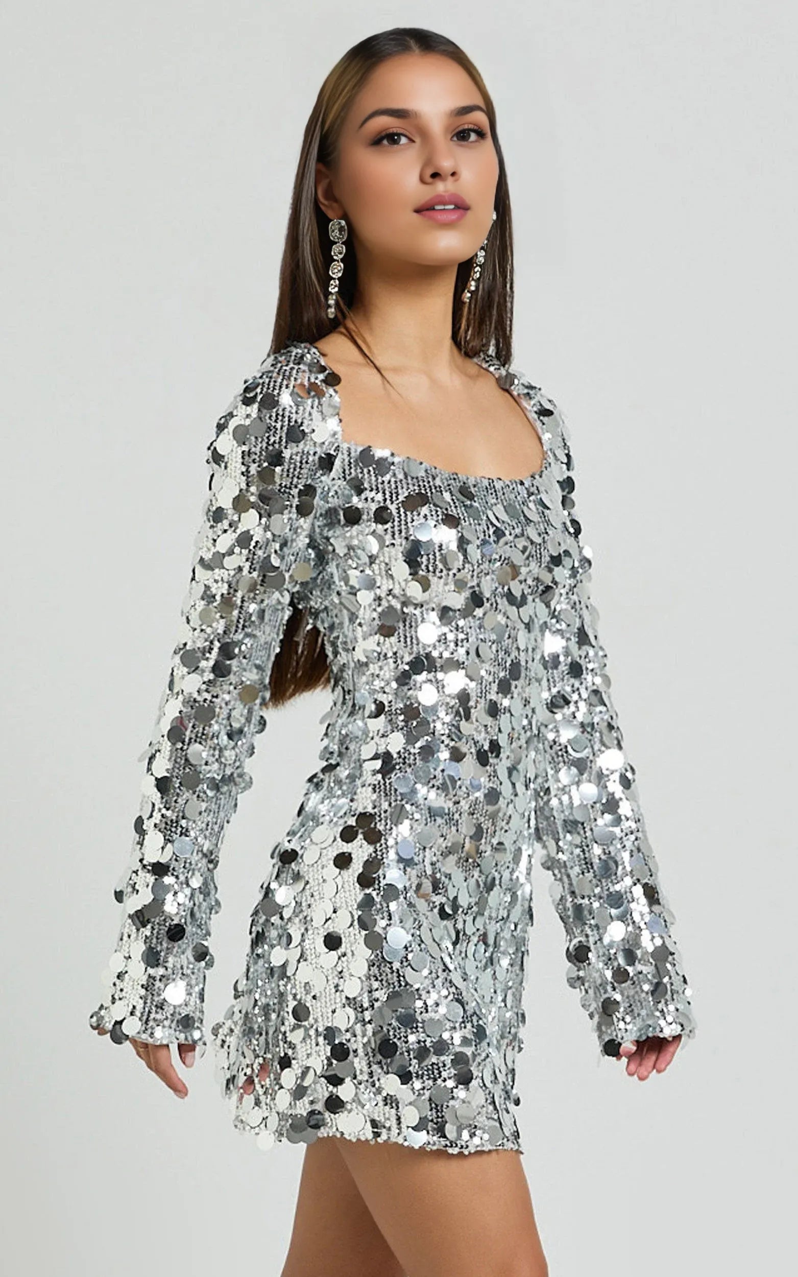 Weitese Dress Sparkle & Shine Long Sleeve Sequin Mini Dress Silver Square Neck A-Line Backless Homecoming Dress