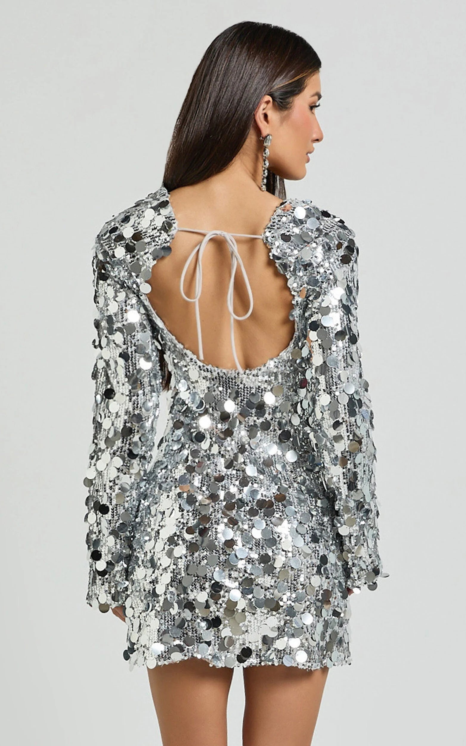 Weitese Dress Sparkle & Shine Long Sleeve Sequin Mini Dress Silver Square Neck A-Line Backless Homecoming Dress