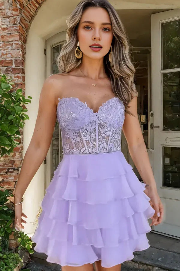 Weitese Dress Sparkly A-line Strapless Appliques Tiered Lilac Homecoming Dress