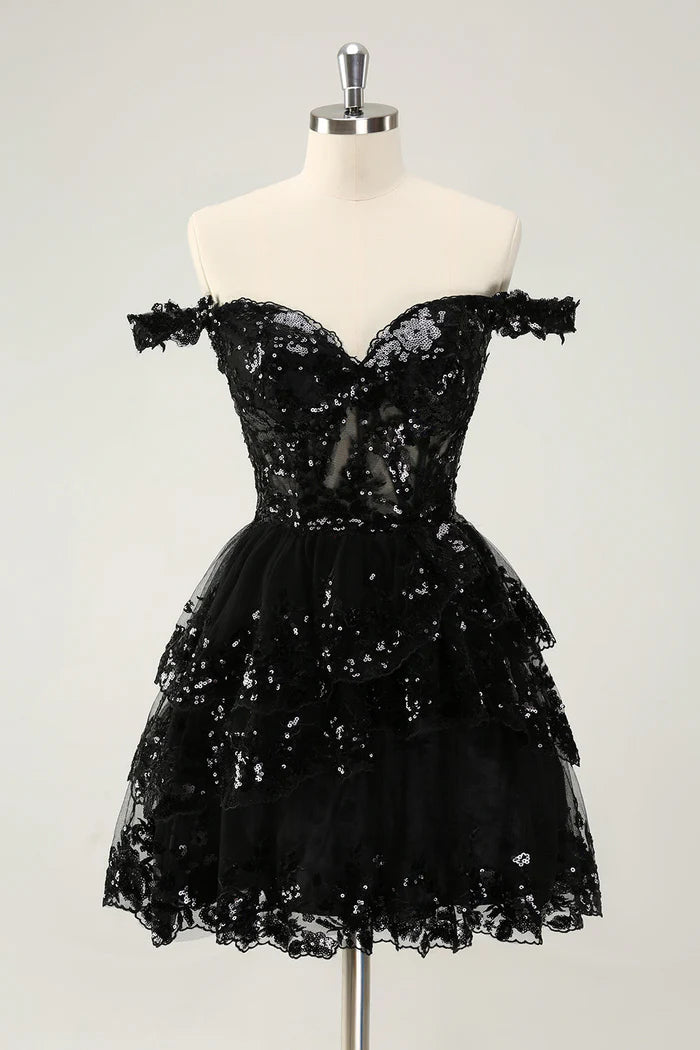 Weitese Dress Sparkly Black A Line Off The Shoulder Corset Tiered Lace Short Homecoming Dress Sleeveless Party Dress