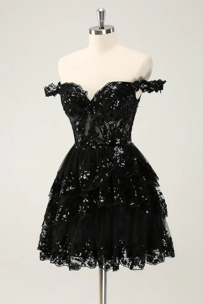 Weitese Dress Sparkly Black A Line Off The Shoulder Corset Tiered Lace Short Homecoming Dress Sleeveless Party Dress