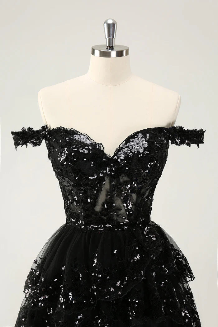 Weitese Dress Sparkly Black A Line Off The Shoulder Corset Tiered Lace Short Homecoming Dress Sleeveless Party Dress