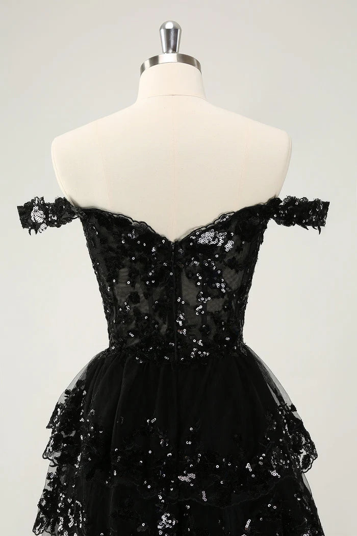 Weitese Dress Sparkly Black A Line Off The Shoulder Corset Tiered Lace Short Homecoming Dress Sleeveless Party Dress