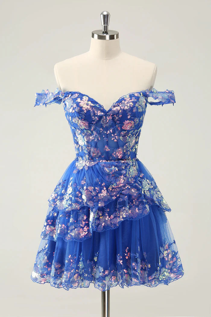 Weitese Dress Sparkly Black A Line Off The Shoulder Corset Tiered Lace Short Homecoming Dress Sleeveless Party Dress