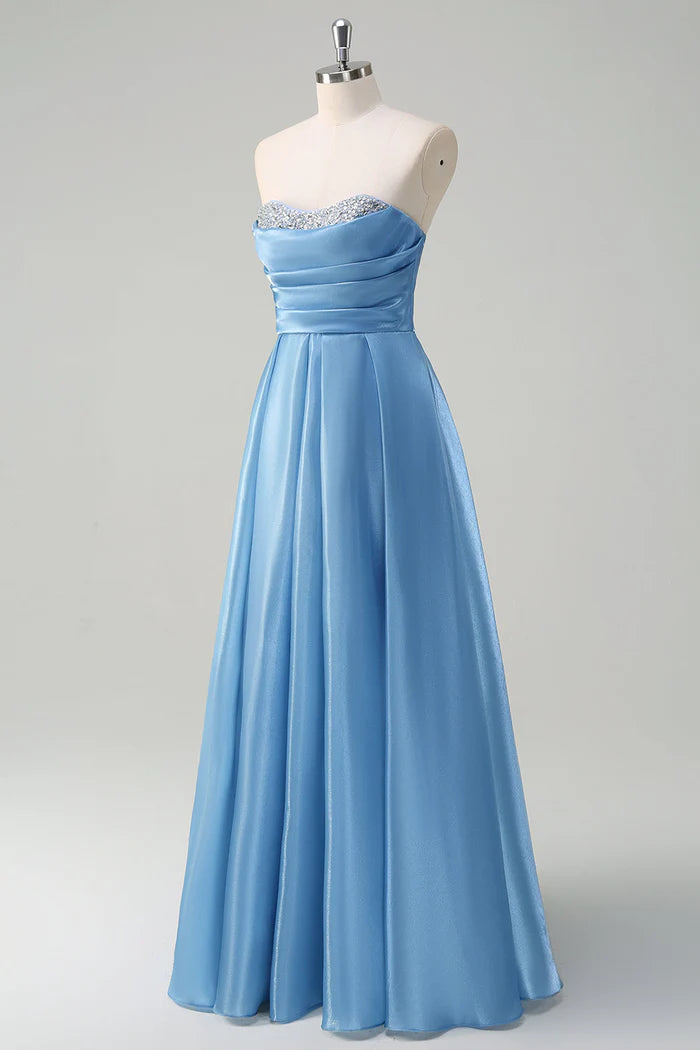 Robe Weitese Robe longue trapèze bleue scintillante à décolleté en cœur Robe de bal sans manches Robe de soirée plissée en satin 