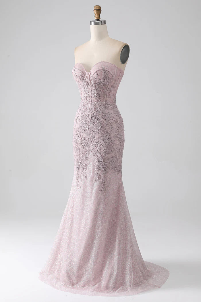 Weitese Dress Sparkly Blush Strapless Mermaid Corset Party Dress Sleeveless Maxi Dress With Appliques Prom Dress