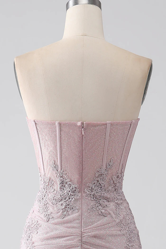 Weitese Dress Sparkly Blush Strapless Mermaid Corset Party Dress Sleeveless Maxi Dress With Appliques Prom Dress
