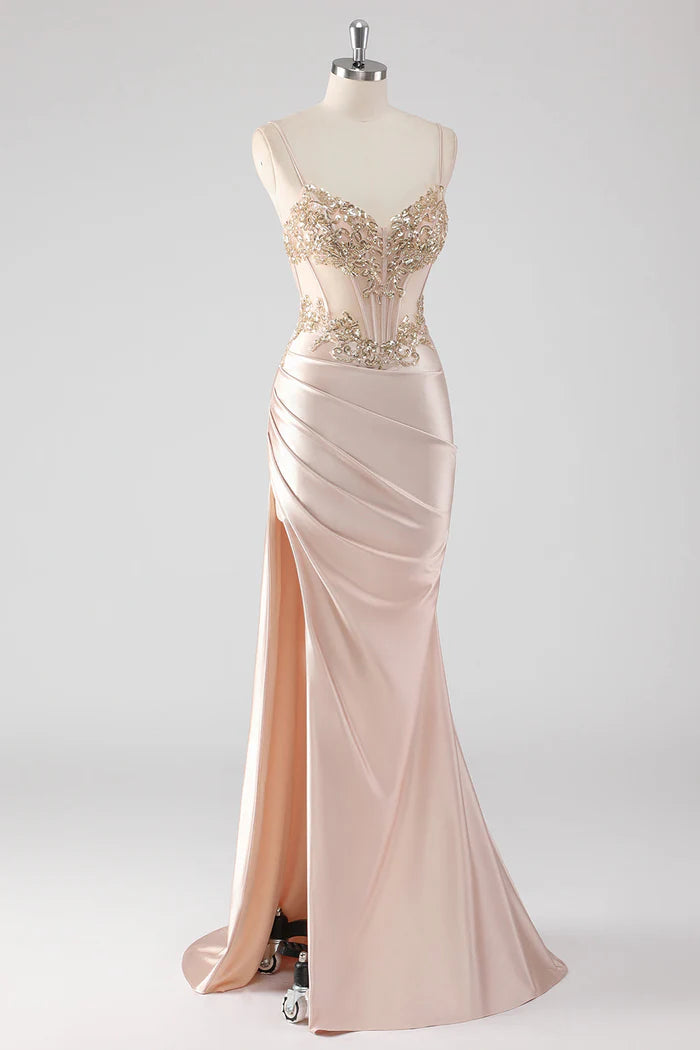 Weitese Dress Sparkly Champagne Corset Appliques Party Dress With Slit Prom Dress