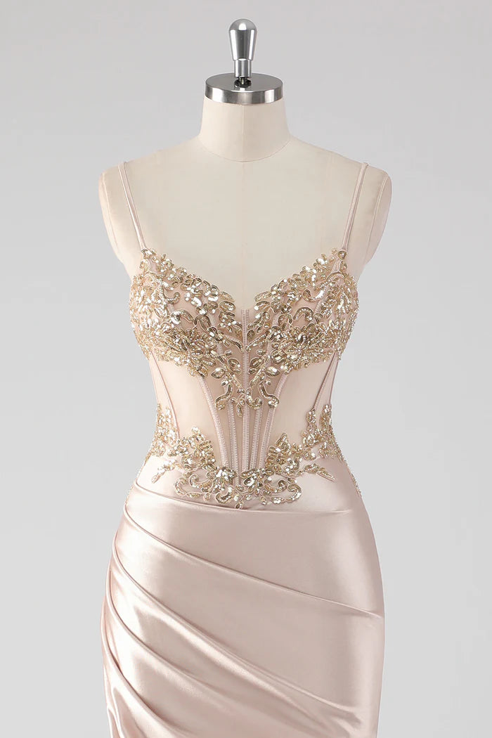 Weitese Dress Sparkly Champagne Corset Appliques Party Dress With Slit Prom Dress