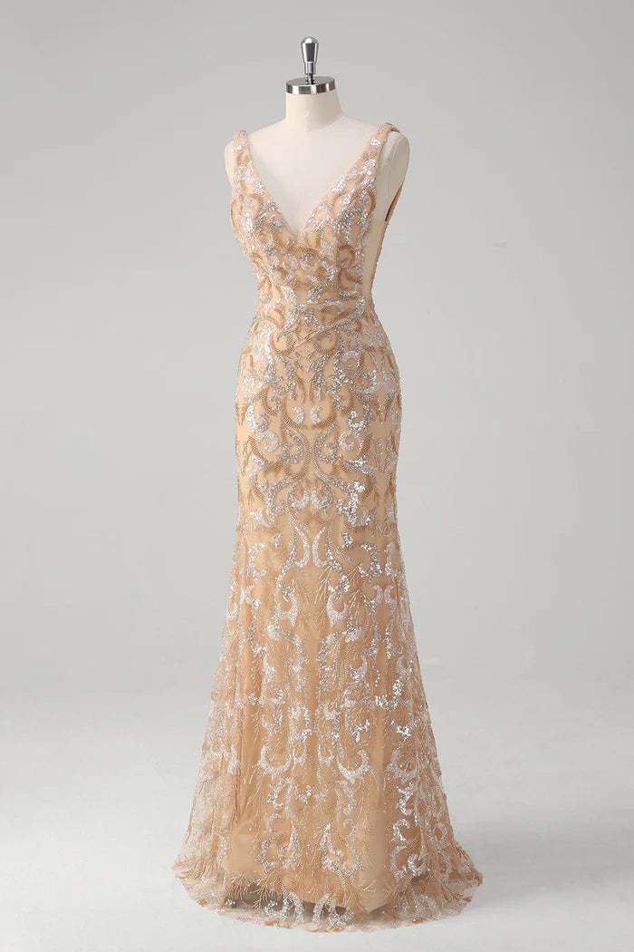 Weitese Dress Sparkly Champagne Floral Beaded Mermaid V-Neck Maxi Dress Prom Dress Floor-Length V Back Evening Dress