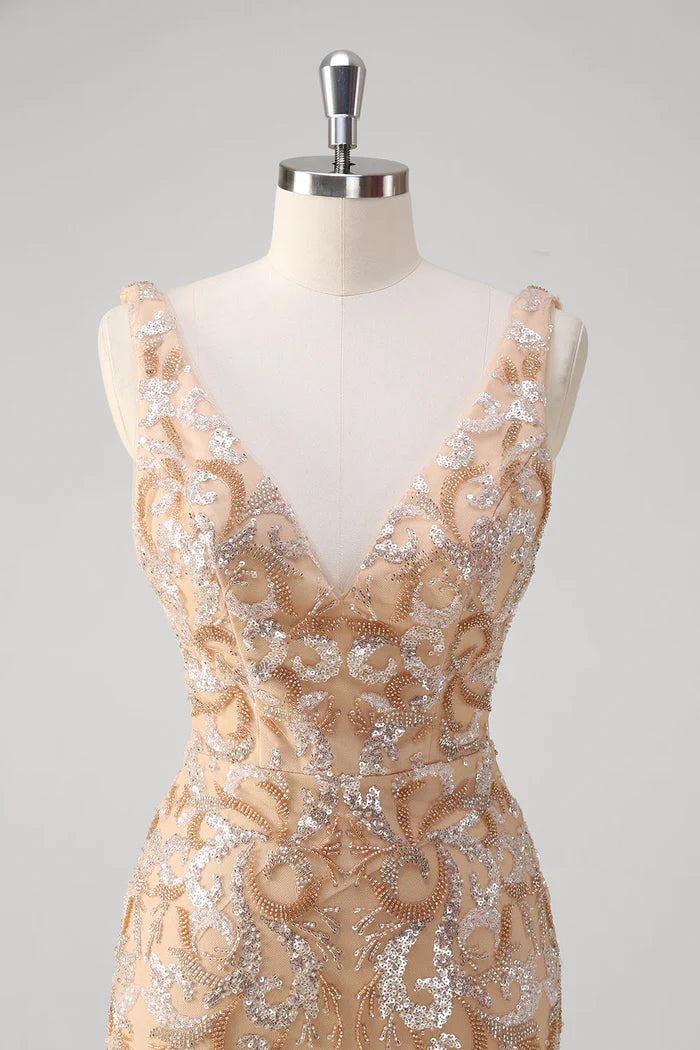 Weitese Dress Sparkly Champagne Floral Beaded Mermaid V-Neck Maxi Dress Prom Dress Floor-Length V Back Evening Dress