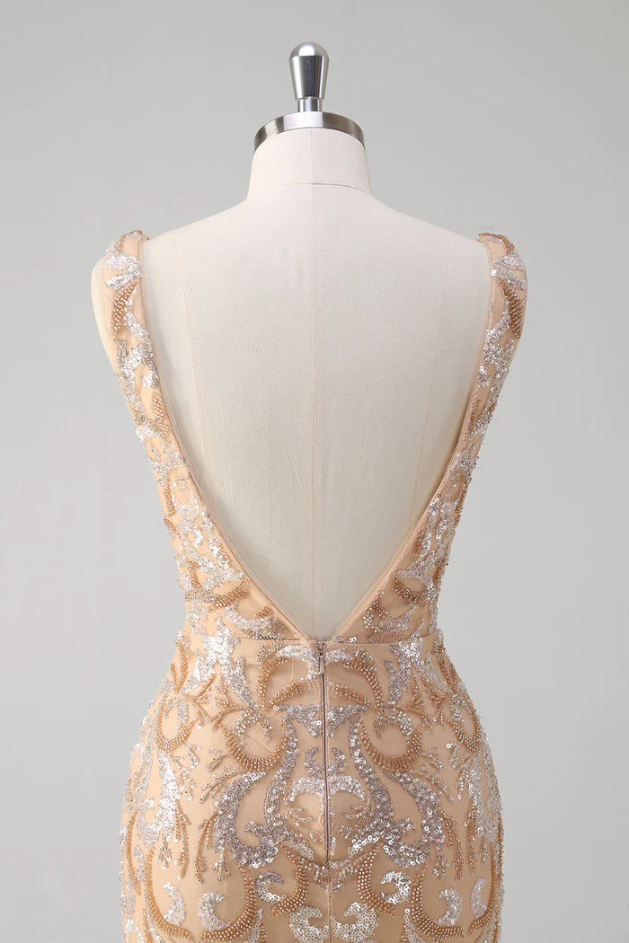 Weitese Dress Sparkly Champagne Floral Beaded Mermaid V-Neck Maxi Dress Prom Dress Floor-Length V Back Evening Dress