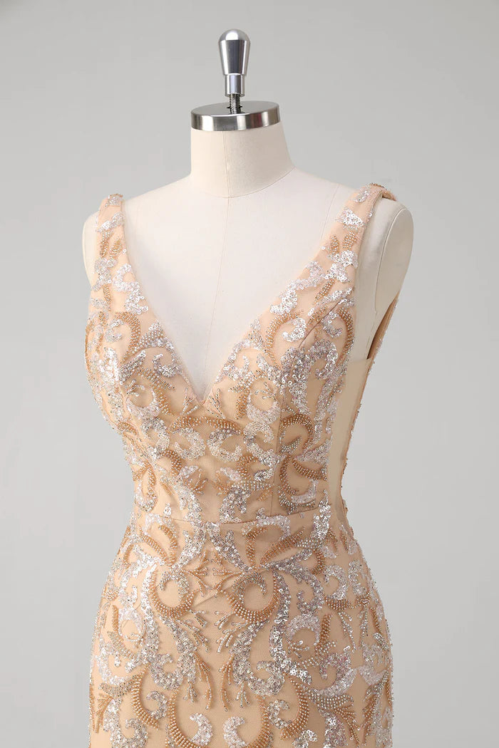 Weitese Dress Sparkly Champagne Floral Beaded Mermaid V-Neck Maxi Dress Prom Dress Floor-Length V Back Evening Dress