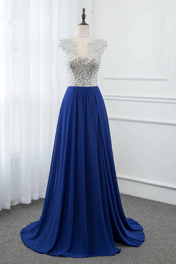 Weitese Dress Sparkly Chffon V-Neck Front Slit Royal Blue Evening Dresses With Beading Top Prom Dress