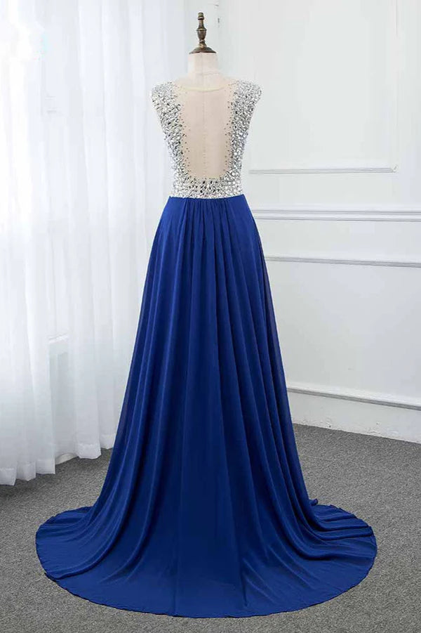 Weitese Dress Sparkly Chffon V-Neck Front Slit Royal Blue Evening Dresses With Beading Top Prom Dress