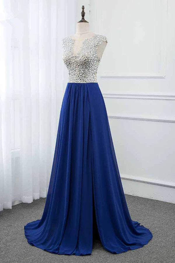 Weitese Dress Sparkly Chffon V-Neck Front Slit Royal Blue Evening Dresses With Beading Top Prom Dress