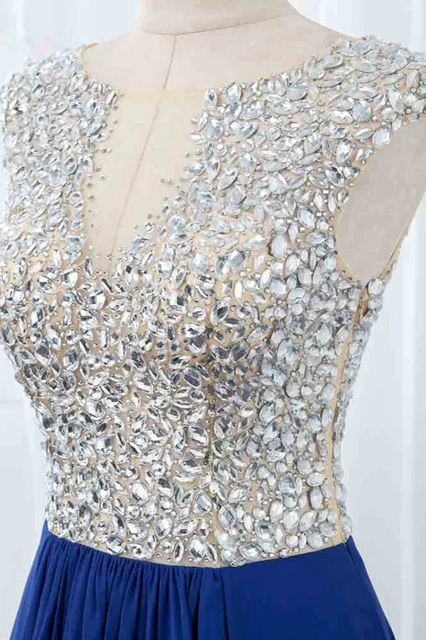 Weitese Dress Sparkly Chffon V-Neck Front Slit Royal Blue Evening Dresses With Beading Top Prom Dress