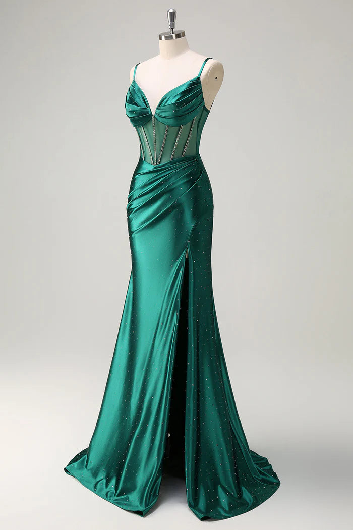 Weitese Dress Sparkly Dark Green Mermaid Spaghetti Straps Corset Beaded Maxi Dress Prom Dress Formal Dress With Slit Evening Dress