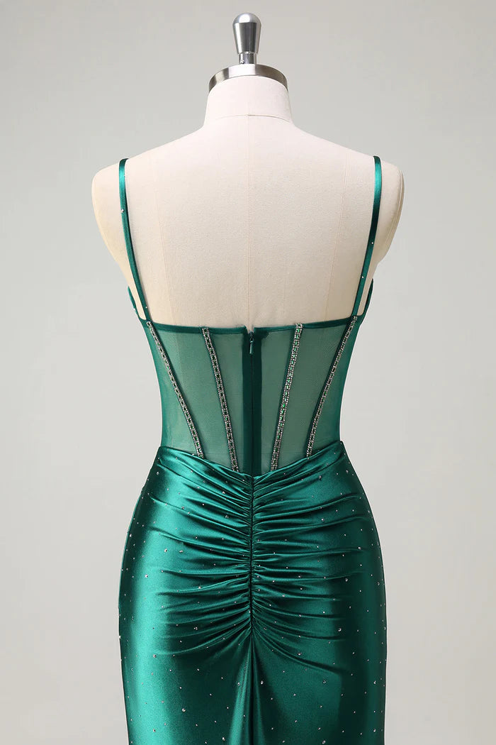 Weitese Dress Sparkly Dark Green Mermaid Spaghetti Straps Corset Beaded Maxi Dress Prom Dress Formal Dress With Slit Evening Dress