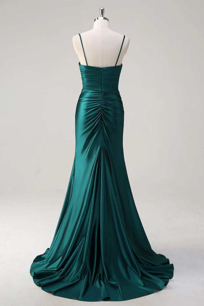 Weitese Dress Sparkly Dark Green Mermaid Spaghetti Straps Maxi Dress Prom Dress Formal Dress With Slit Evening Dress