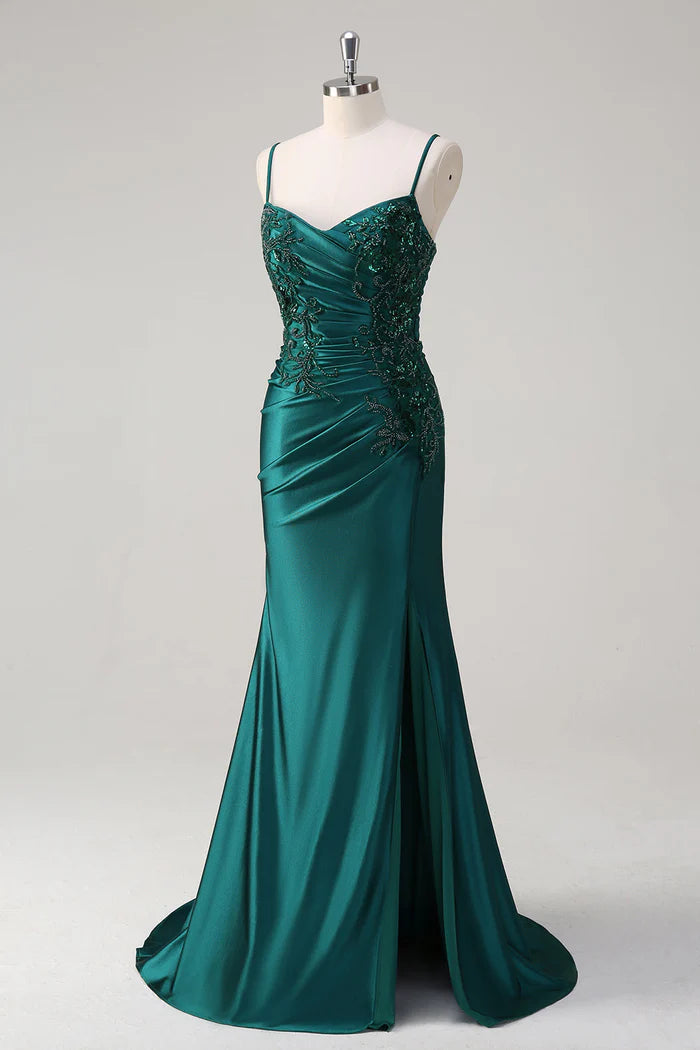 Weitese Dress Sparkly Dark Green Mermaid Spaghetti Straps Party Dress Maxi Dress Sleeveless With Pleated Prom Dress
