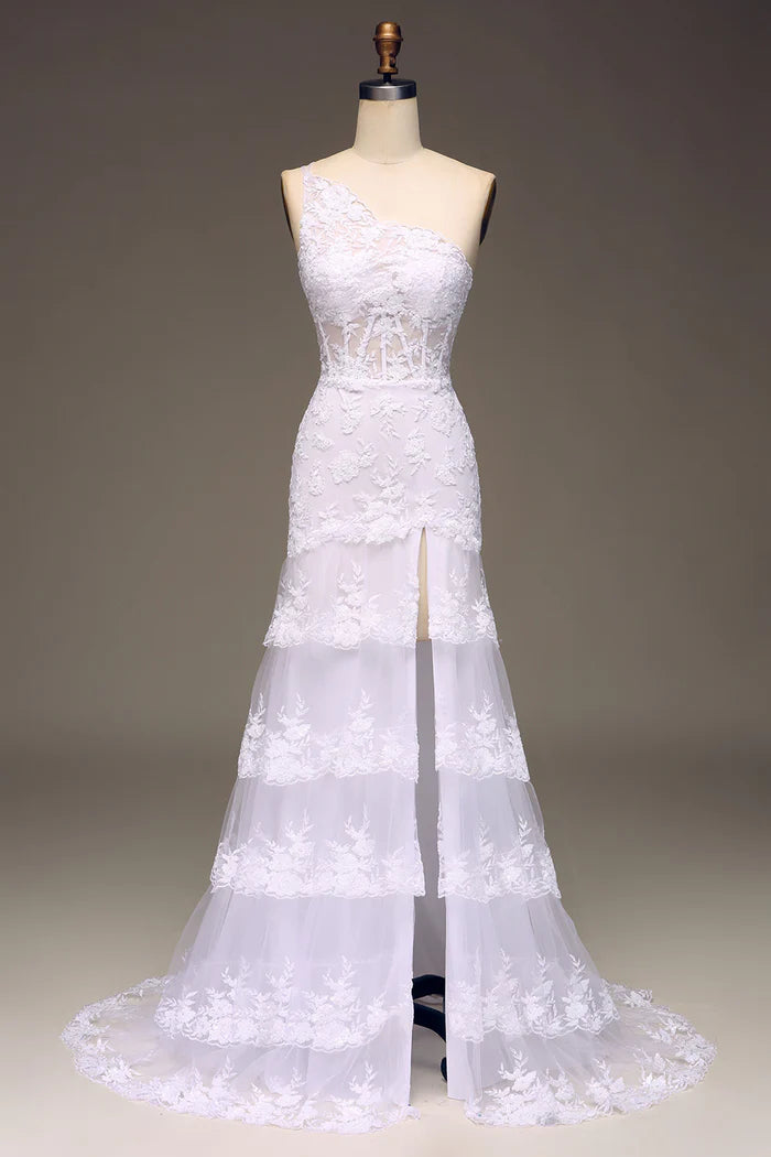 Weitese Dress Sparkly Dark Navy Sweep/Brush Train Tiered Lace One Shoulder Long Party Dress With Slit Prom Dress