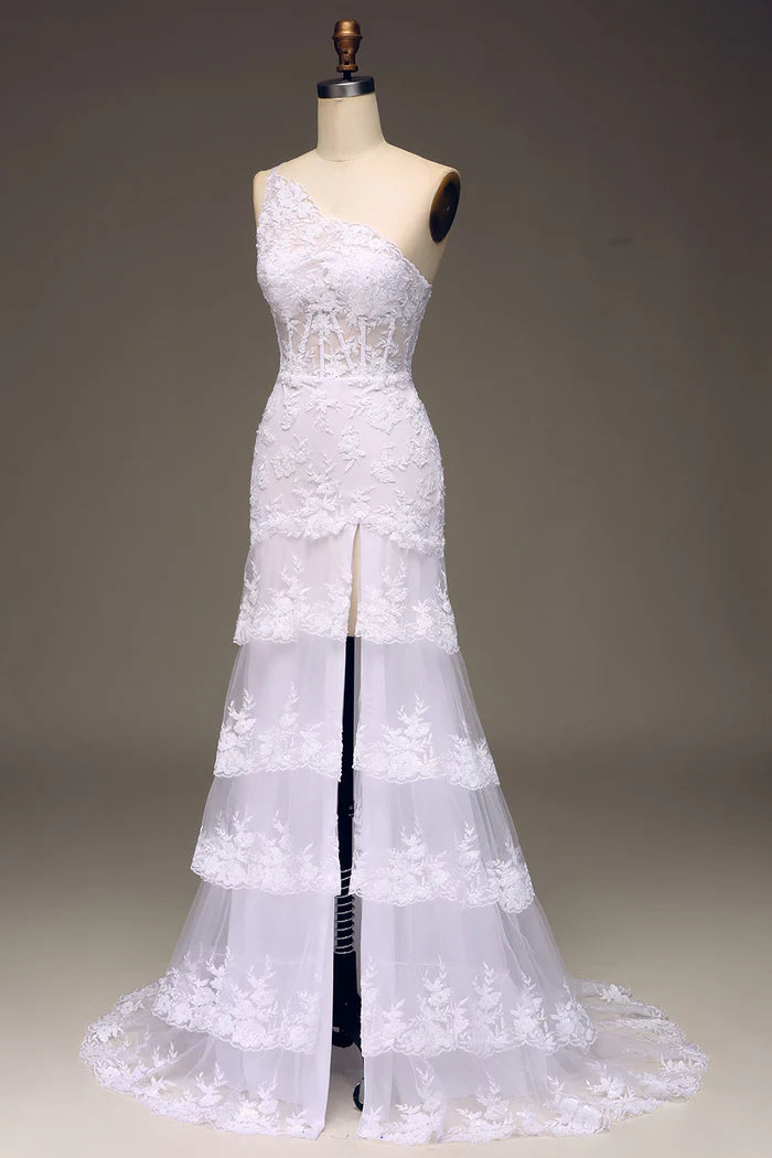 Weitese Dress Sparkly Dark Navy Sweep/Brush Train Tiered Lace One Shoulder Long Party Dress With Slit Prom Dress