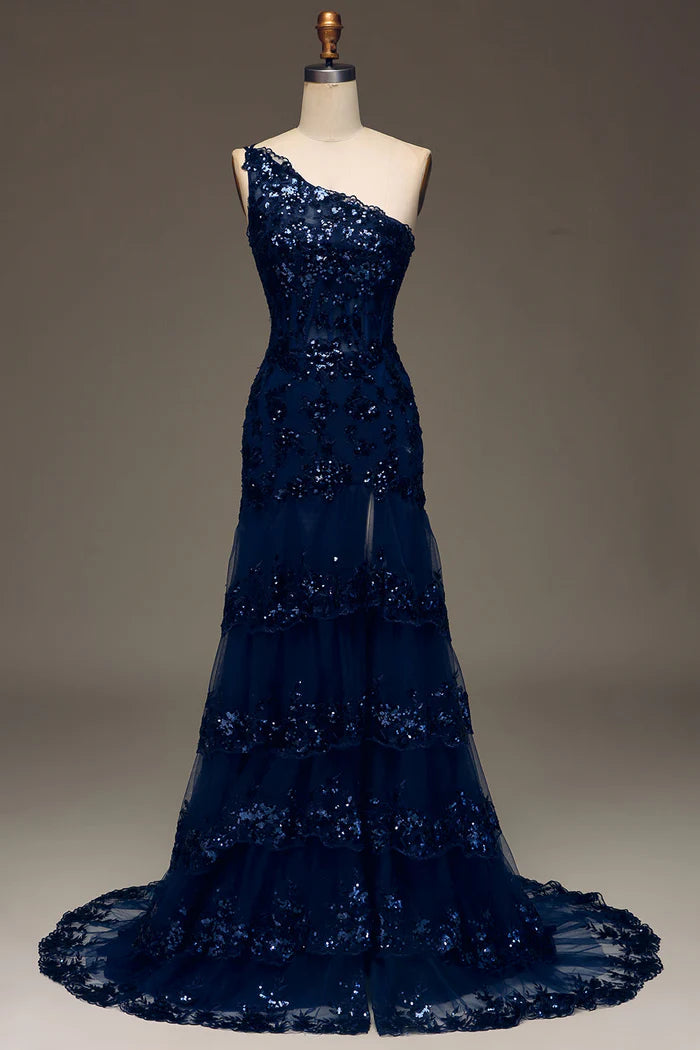 Weitese Dress Sparkly Dark Navy Sweep/Brush Train Tiered Lace One Shoulder Long Party Dress With Slit Prom Dress