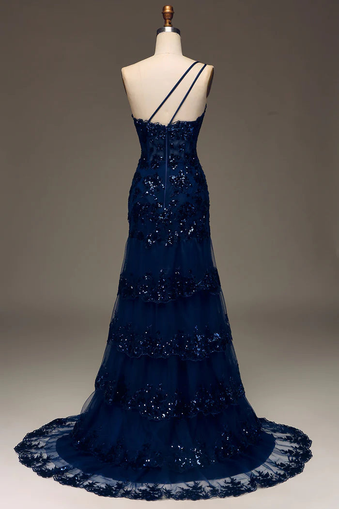 Weitese Dress Sparkly Dark Navy Sweep/Brush Train Tiered Lace One Shoulder Long Party Dress With Slit Prom Dress
