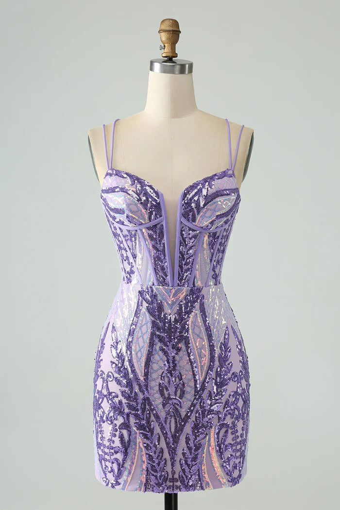 Vestido Weitese brillante morado oscuro con tirantes finos, corsé, vestido corto único para fiesta de bienvenida, sin mangas, con lentejuelas. 