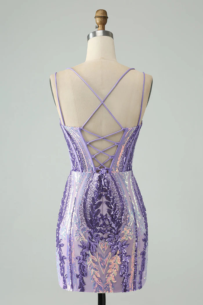 Vestido Weitese brillante morado oscuro con tirantes finos, corsé, vestido corto único para fiesta de bienvenida, sin mangas, con lentejuelas. 