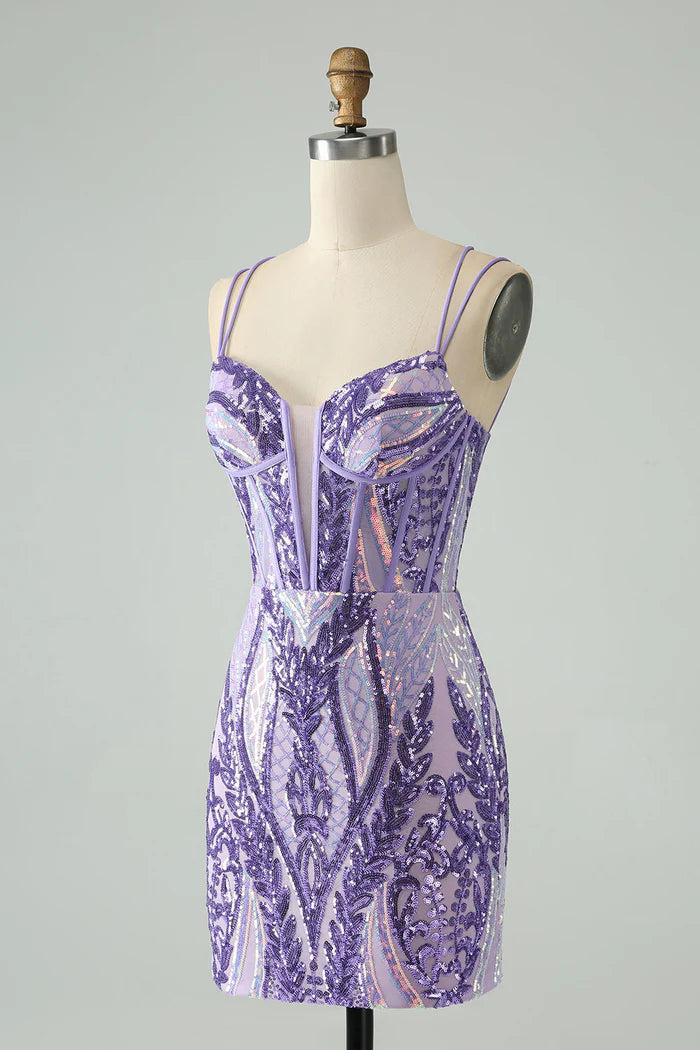 Vestido Weitese brillante morado oscuro con tirantes finos, corsé, vestido corto único para fiesta de bienvenida, sin mangas, con lentejuelas. 