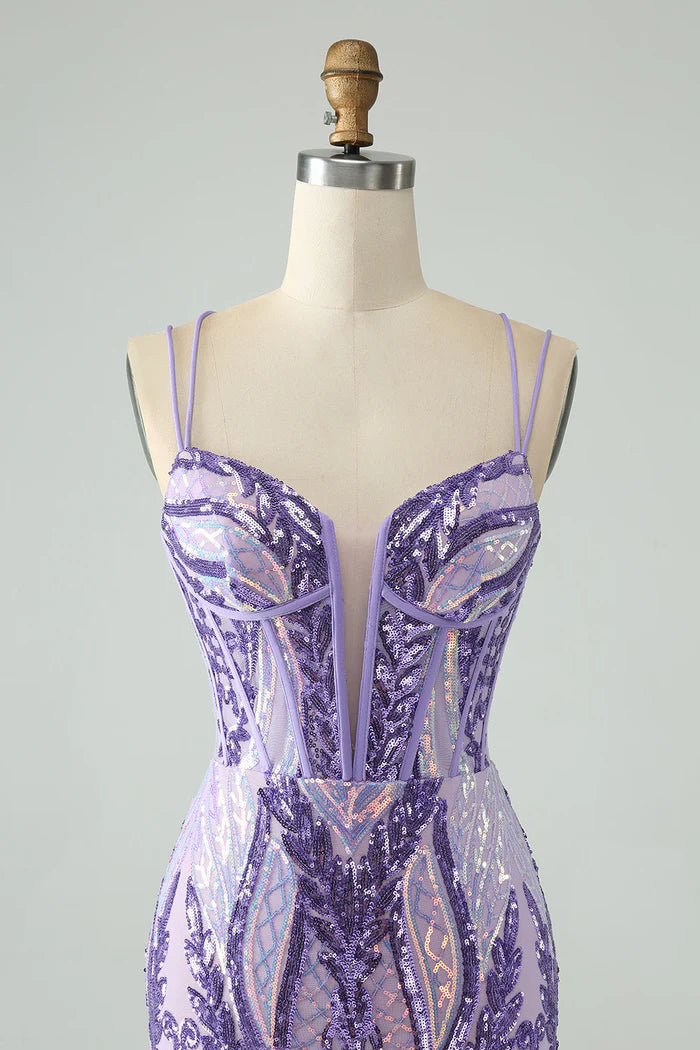 Vestido Weitese brillante morado oscuro con tirantes finos, corsé, vestido corto único para fiesta de bienvenida, sin mangas, con lentejuelas. 