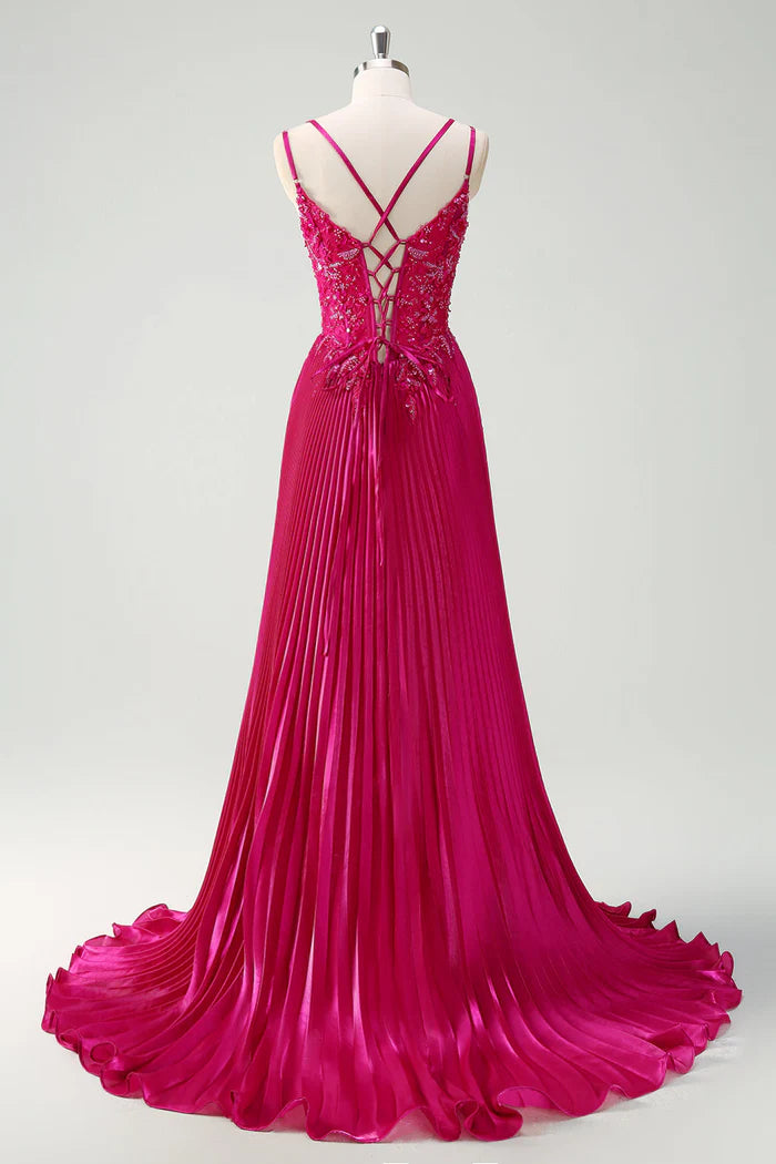 Robe Weitese Fuchsia Scintillante A-Line Longue Robe Maxi En Dentelle Robe De Bal Sans Manches Robe De Soirée Plissée 