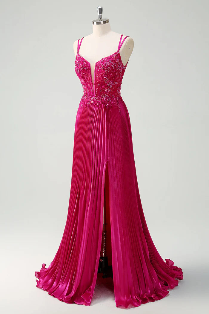 Robe Weitese Fuchsia Scintillante A-Line Longue Robe Maxi En Dentelle Robe De Bal Sans Manches Robe De Soirée Plissée 