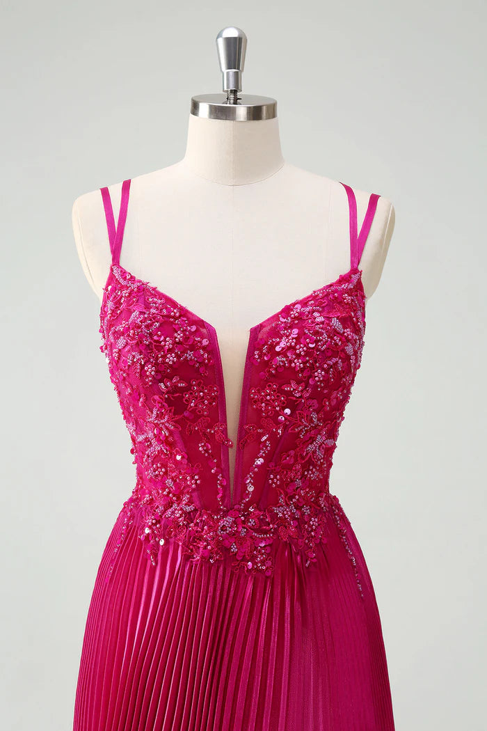 Robe Weitese Fuchsia Scintillante A-Line Longue Robe Maxi En Dentelle Robe De Bal Sans Manches Robe De Soirée Plissée 